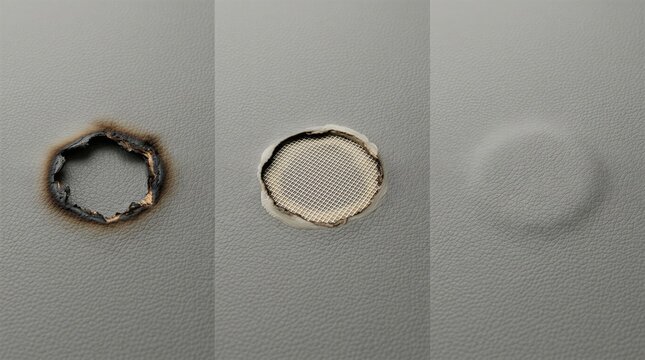 Three-step sequence showing the process of repairing a burn hole in grey leather material from damaged to completely restored surface.