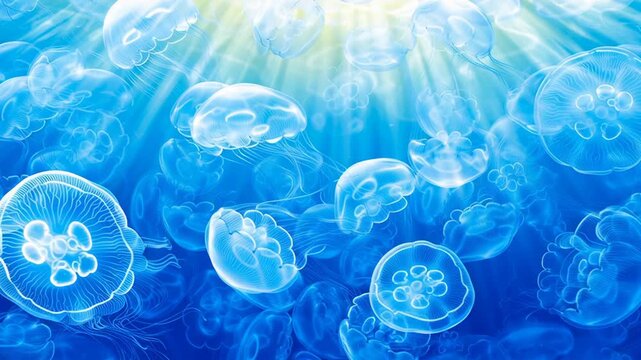 School of translucent jellyfish gracefully drifting in sunlit ocean waters