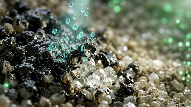Close-up macro view of black crude oil or bitumen being washed off and separated from raw mineral crystals and diamonds with water droplets.