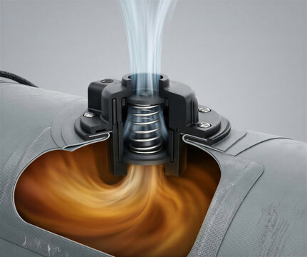 Cross-section diagram of an inflatable boat air valve showing the internal spring mechanism and pressure release airflow.