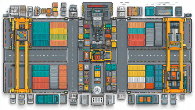 Intricate top-down view of a modern gray industrial warehouse with colorful stacked containers and detailed loading areas