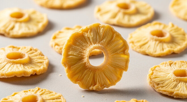 Multiple dried pineapple rings arranged on a light gray background, with one ring, in the center, slightly elevated to, create a depth, of field