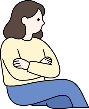 Upset woman sitting with arms crossed looking away, avoidant or annoyed character vector illustration