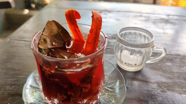 This is Wedang Uwuh, a traditional drink from Yogyakarta, Java, made from an infusion of various natural spices that are beneficial for health. Drinks for a healthy lifestyle.
