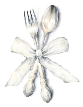Delicate watercolor hand drawn illustration of vintage silver fork and spoon tied with white lace bow. Soft shadow, top view, isolated on white background. Elegant cutlery for wedding table setting
