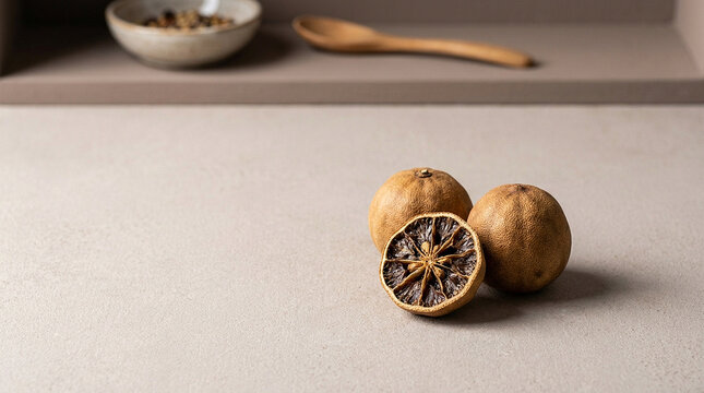 Two whole dried limes and one halved dried lime showing the dark interior on a light gray surface with a wooden spoon in the back