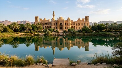 Obraz premium Majestic Oasis Palace Reflection in Tranquil Lake at Dawn