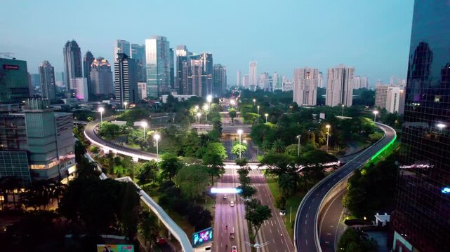 Indonesia sunrise aerial view from above drone footage in 4k jakarta city.