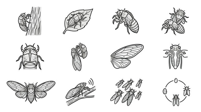 Hand-drawn cicada sketches and monochrome insect diagrams.