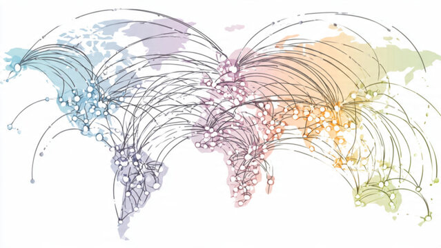 Colorful world map with interconnected lines and dots representing global connectivity and data flow in vibrant pastel tones