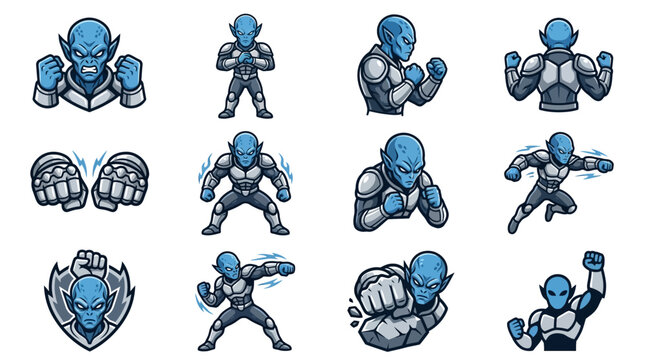 Heroic blue alien superhero combat character sprites