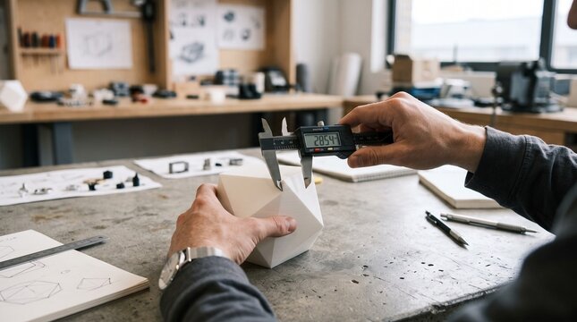 Engineer measuring a 3D printed object with digital calipers in a workshop