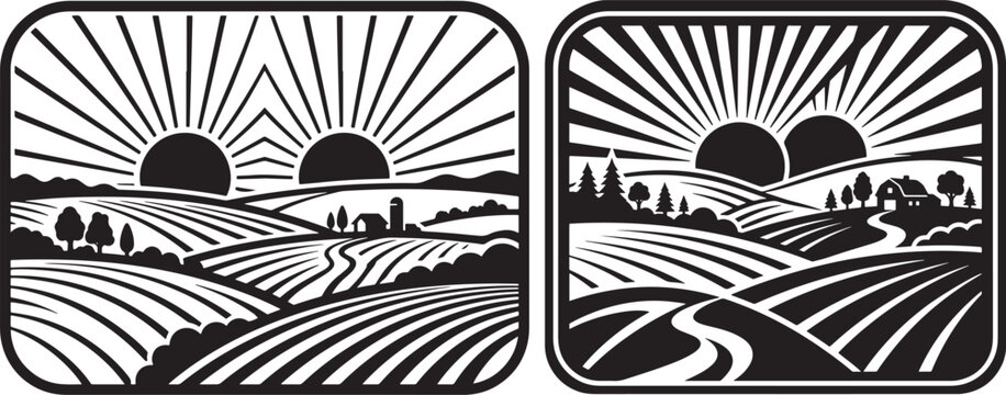 Landscape scenic countryside field silhouettes at sunrise with sunburst rays black vector isolated on white background, landscape