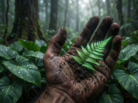 Une main humaine tenant d&eacute;licatement des foug&egrave;res et des plantes tropicales dans une for&ecirc;t dense et myst&eacute;rieuse, concept de connexion entre l'homme et la nature sauvage pr&eacute;serv&eacute;e.