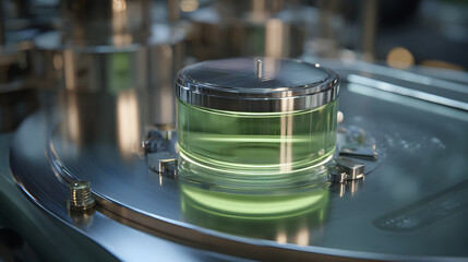 Fototapeta premium Glass jar containing green gel reflective metal surface with industrial equipment and soft light, sleek cosmetic container and laboratory aesthetic