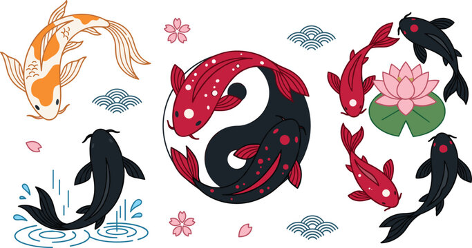 Japanese koi fish collection with yin yang symbol lotus flower and ornamental koi carp decorative vector illustration set