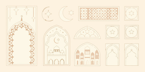 Islamic architectural elements and crescent moon vector illustration © Kanika