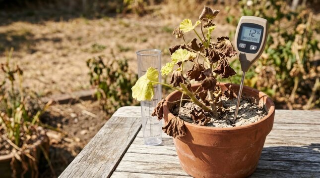 Drought stressed potted plant with wilting brown leaves. Digital moisture meter in dry soil showing low water level. Arid climate and heat concept