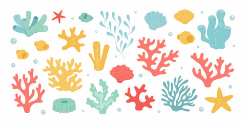 Naklejka premium Marine life illustration with coral shells and starfish on white background