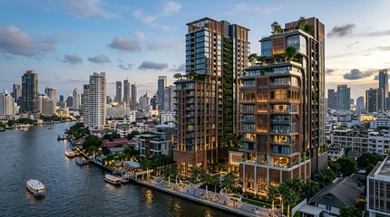 Obraz premium Modern Riverside Apartment Buildings at Dusk, Cityscape, Thailand