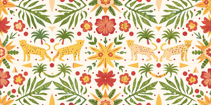 Tropical floral and leopard pattern vibrant vector illustration on a cream background