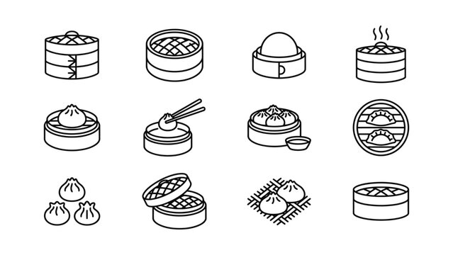 Dim Sum Collection Icons Set Chinese Food Dumplings Steamed Buns Vector Graphics