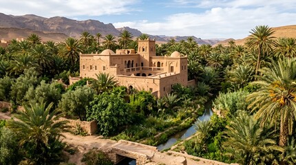 Fototapeta premium Oasis kasbah historic architecture surrounded by lush palm trees and river in desert landscape