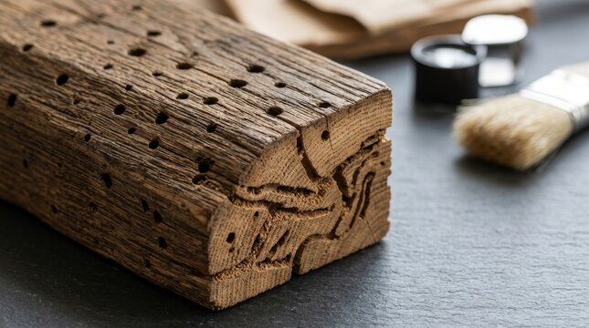 Close up of aged wood block with severe woodworm damage. Exposed winding tunnels and exit holes with inspection tools in the background