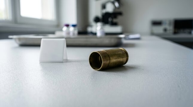 Spent brass bullet casing and blank evidence marker on a white laboratory table. Forensic science and criminal investigation concept