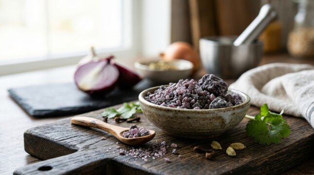 Coarse chunks of pinkish purple black salt kala namak in a ceramic bowl. Wooden spoon with salt crystals and spices on a rustic cutting board