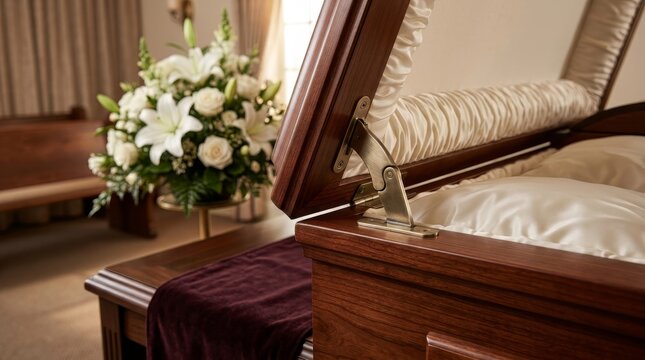 Close up of an open wooden coffin showing metal hinges and white satin lining. Funeral service concept with blurred floral arrangement in background