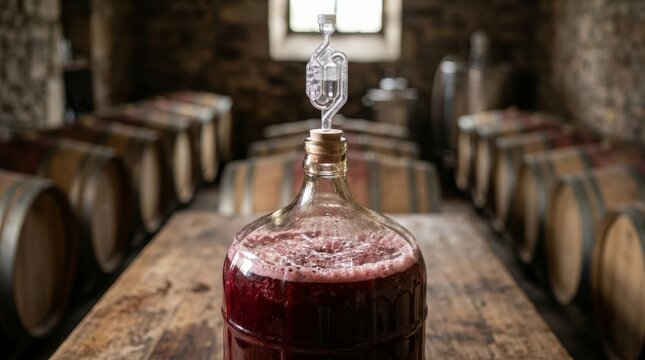 Fermenting red grape juice bubbling in a glass carboy with airlock. Traditional winemaking process in a rustic wine cellar with oak barrels