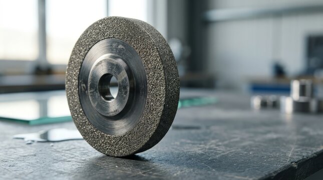 Diamond grinding wheel with abrasive surface on a workshop table. Industrial tool for glass processing and edge polishing