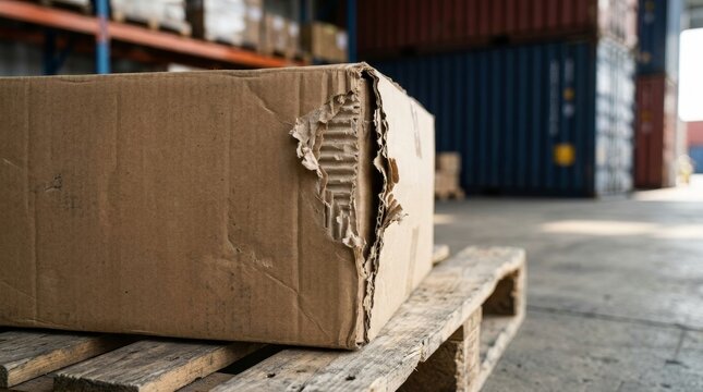 Cardboard parcel box with a torn corner on a wooden pallet. Damaged shipping package in a warehouse with containers