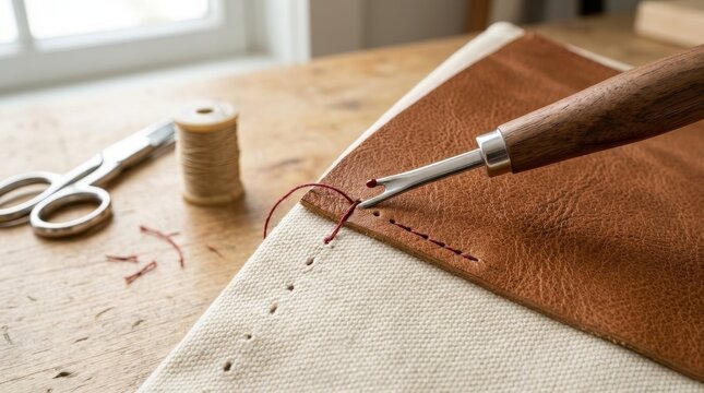 Seam ripper unpicking red stitches on brown leather and white canvas. Tailoring tool removing thread on a wooden workbench. Sewing and leathercraft alteration