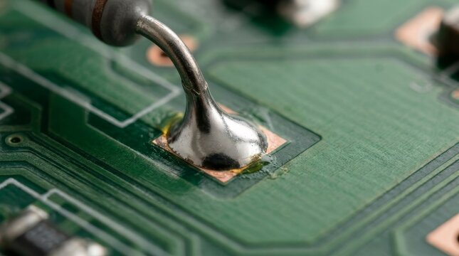 Macro view of a shiny solder joint on a green printed circuit board. Melted metal connection with flux residue on PCB. Electronics manufacturing detail
