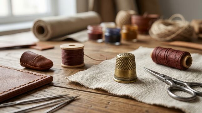 Brass thimble and scissors on linen fabric. Leathercraft and sewing tools with thread spool on a wooden workbench. Traditional handcraft concept