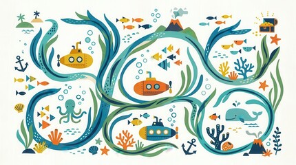 Obraz premium Three submarines explore a lively ocean with fish, coral, a whale, octopus, and treasure