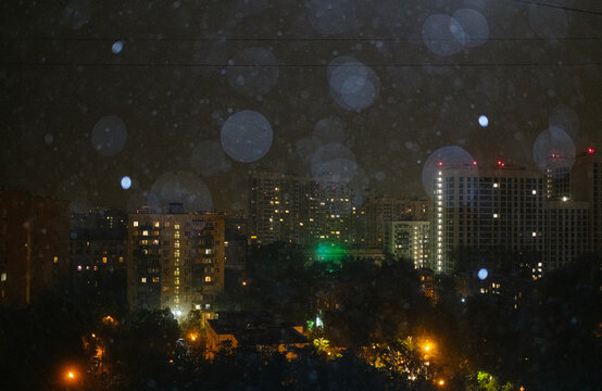 Heavy Rain At Dark Night With Flashes