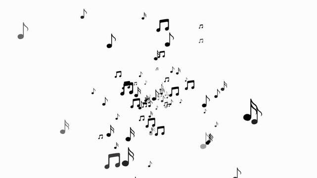 Abstract flying music notes on white background. Black musical instrument floating up stream animation. Concept of music party. Animated musical notes soft particle overlay- Sound symbol streaming.