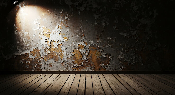 Old peeling wall and wooden floor spotlighted indoors.