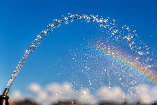 A fountain's water jet arching against a blue sky with sunlight creating glints.