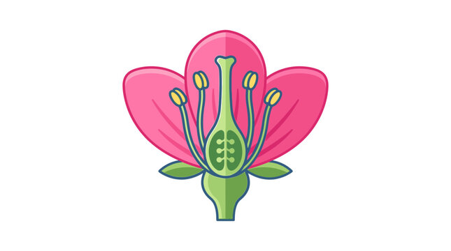 Detailed cross-section of a pink flower showing reproductive parts, pistil, stamen, petals, and sepals