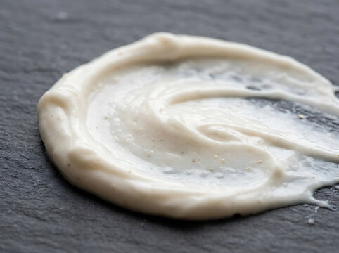 White cosmetic cream smear. Skincare lotion texture on dark stone. Beauty product sample for business.