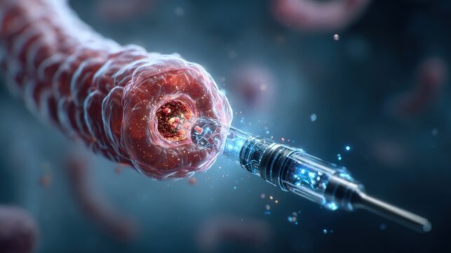 Medical 3D illustration of intestinal polyps inside human large intestine, close-up endoscopic view showing benign abnormal tissue growth on colon wall, digestive system disorder, gastrointestinal