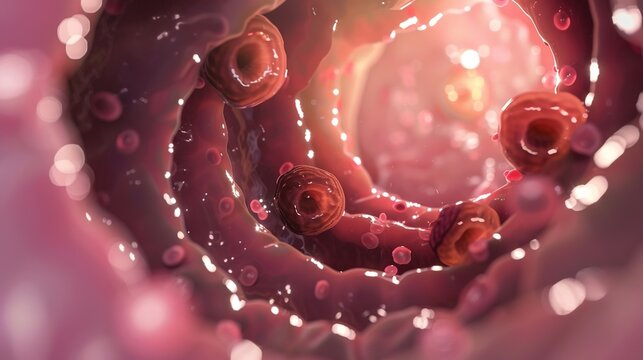 Medical 3D illustration of intestinal polyps inside human large intestine, close-up endoscopic view showing benign abnormal tissue growth on colon wall, digestive system disorder, gastrointestinal