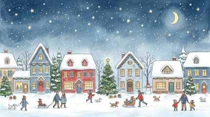 Fototapeta premium Charming watercolor illustration of a snowy village at night with families and dogs