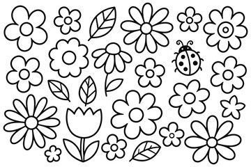 Cute hand drawn flowers and ladybug doodle set Vector © mr