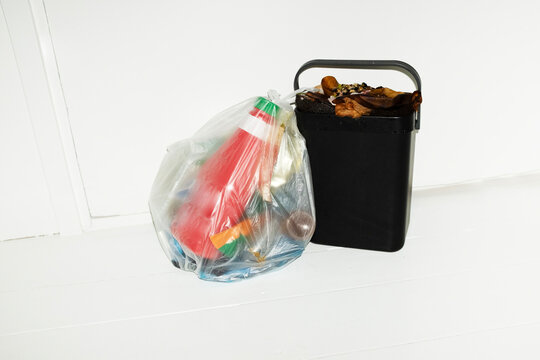 Contemporary image of recycling. Plastic trash inside a plastic bag 