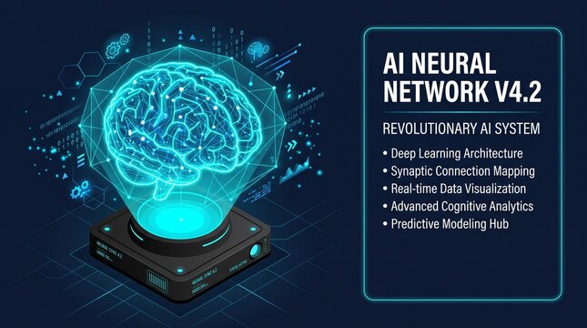Futuristic AI neural network concept with a glowing isometric digital brain hologram representing deep learning, machine intelligence, and advanced cognitive computing.